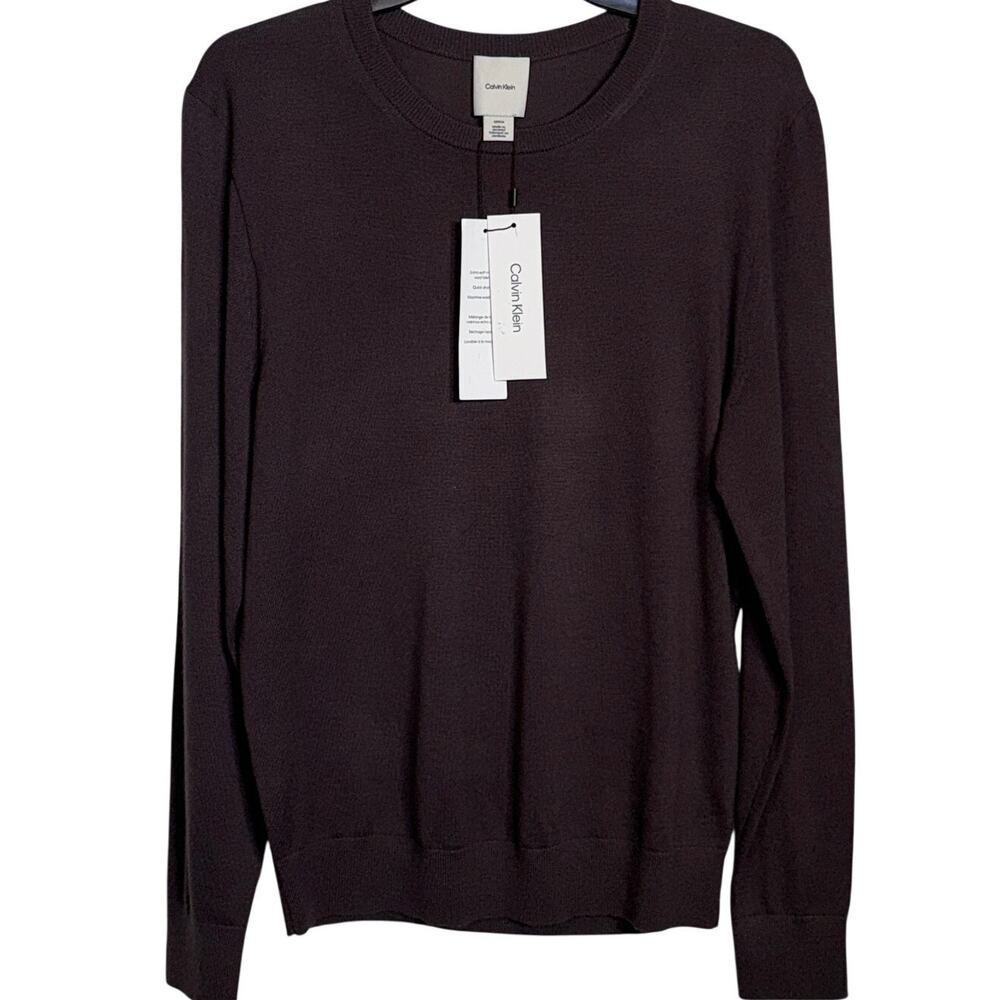 Calvin Klein Men's Smooth wool blend Monogram Logo Sweater Java Small $90